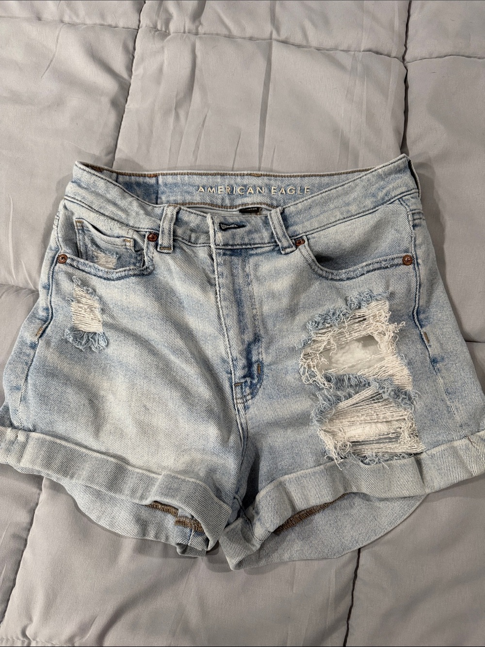 American Eagle Outfitters Light Blue Distressed Rolled-Hem Denim Shorts